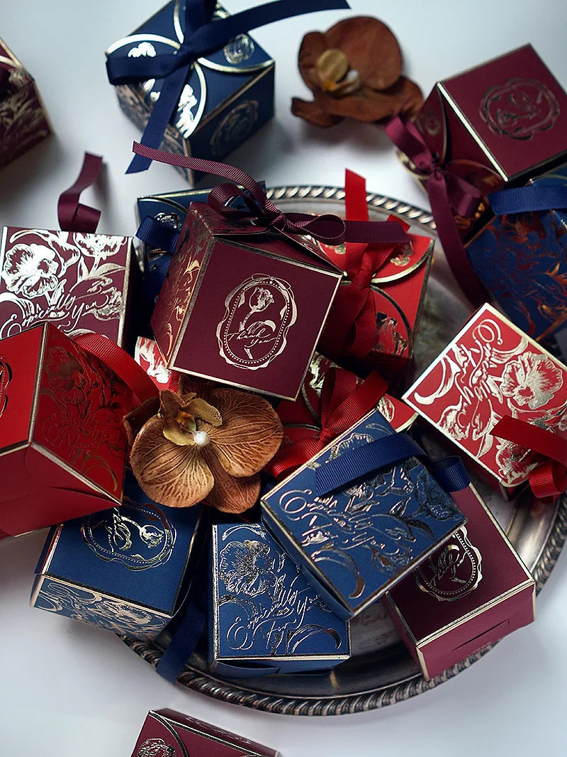 Exquisite Square Gold Gift Boxes – Printed Tulip Candy Packaging with Ribbon, Perfect f... - SKU PGB12153 - UGI Packaging