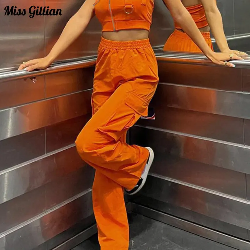 

High Waist Cargo Pants Woman Fashion Wide Leg Trousers Orange Pants Women's Clothes Pockets Casual Baggy Pants Solid Sweatpants