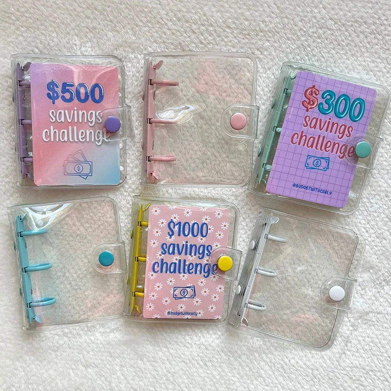 PVC 1000 돈 절약 챌린지 바인더, 단추 마감, 미니 예산바인더, 봉투 절약 챌린지 북, 내구성 휴대용