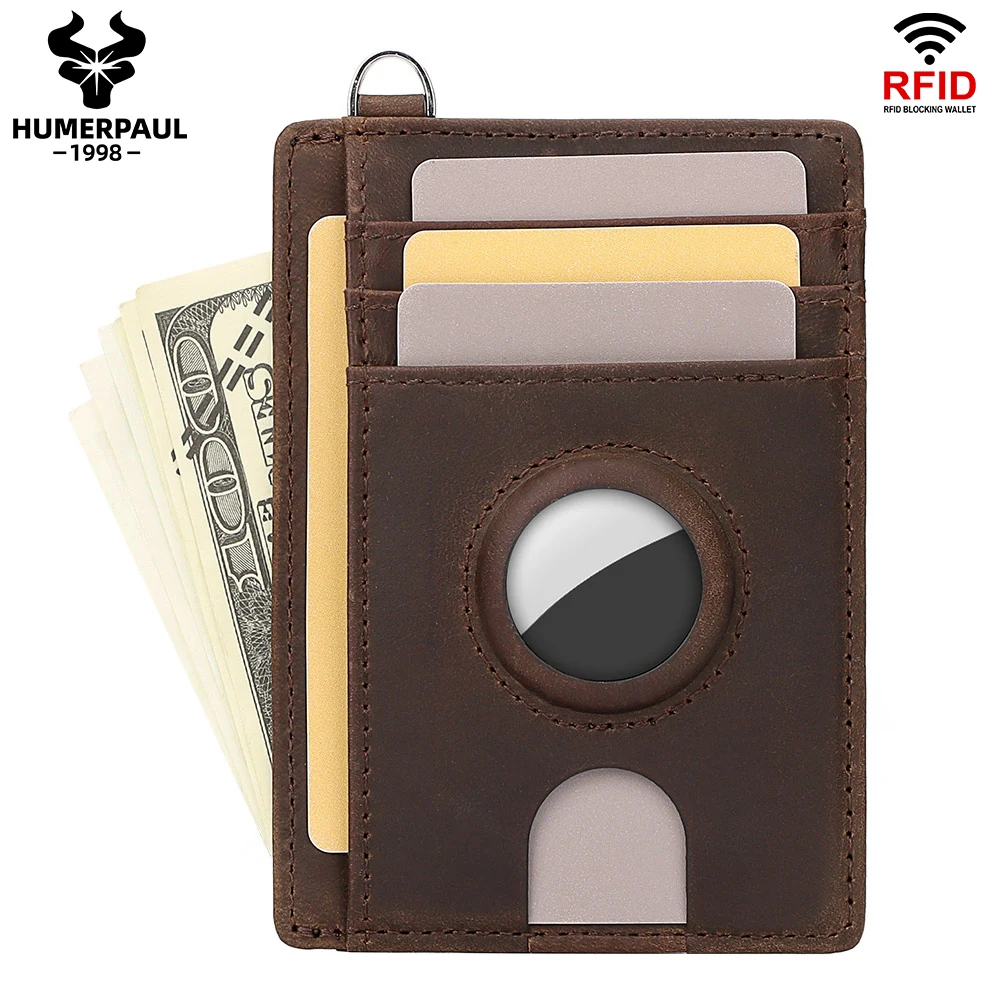 HUMERPAUL Slim RFID Blocking Airtag Wallet with Credit Card Holder Genuine Leather Ultra-thin Money Purse Fashion Cardholder Bag