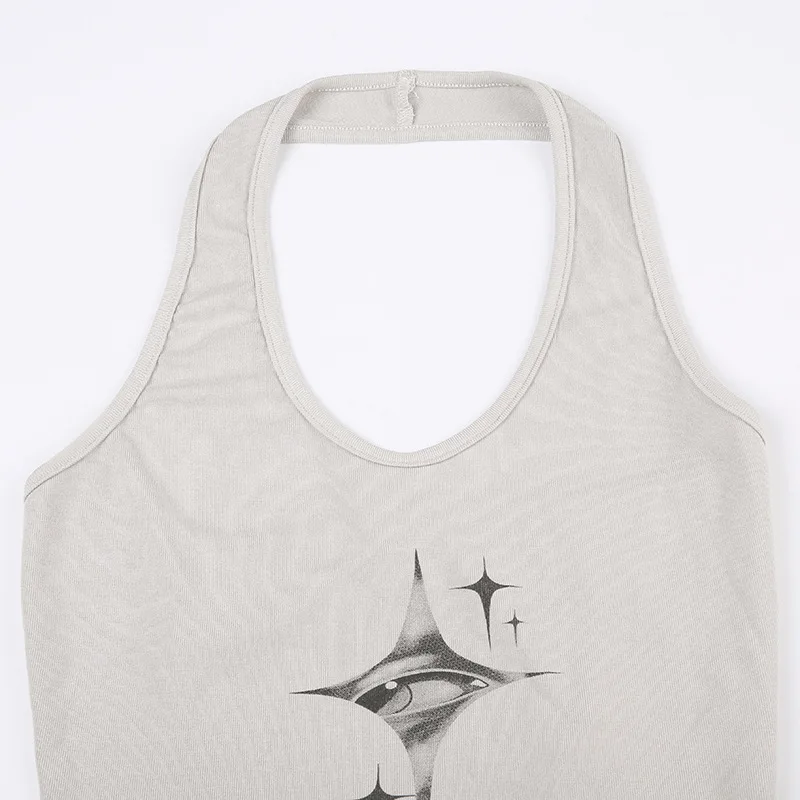 Y2K devil eyes halter crop top detail