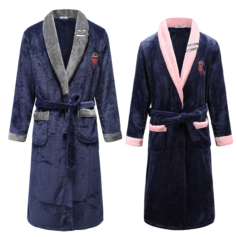 Winter Plus Size Couple Robe Sleepwear Thickened Coral Fleece Warm Nightwear Kimono Bathrobe Gown Loose Home Clothes Loungewear