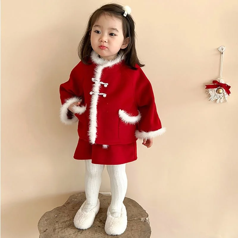 

Комплект из двух предметов, одежда для девочек на новый год, детская одежда, детский великолепный твидовый костюм винно-красного цвета с юбкой, зимние элегантные комплекты