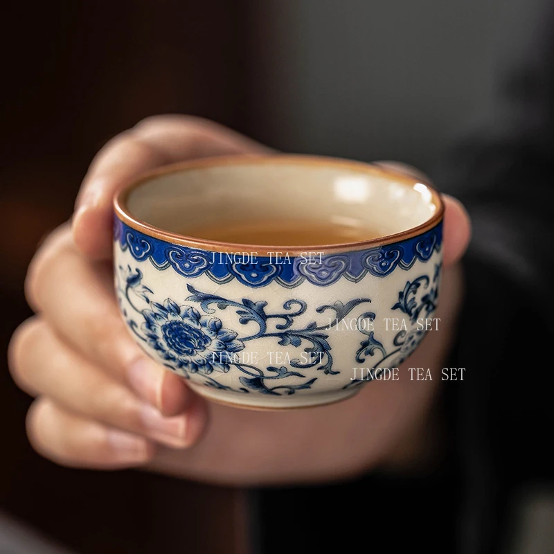 Blue and White Ru Kiln Tea Cup Home Ceramic Master Cup Full Flower Enamel Zen Meditation Cups Tea Tasting Cup Kung Fu Tea Set