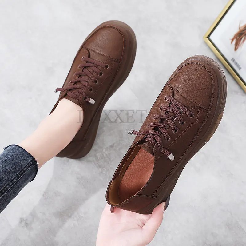 

Женские туфли-оксфорды из натуральной кожи, лоферы на массивной подошве, без застежки, с круглым носком, на платформе, на шнуровке, лето