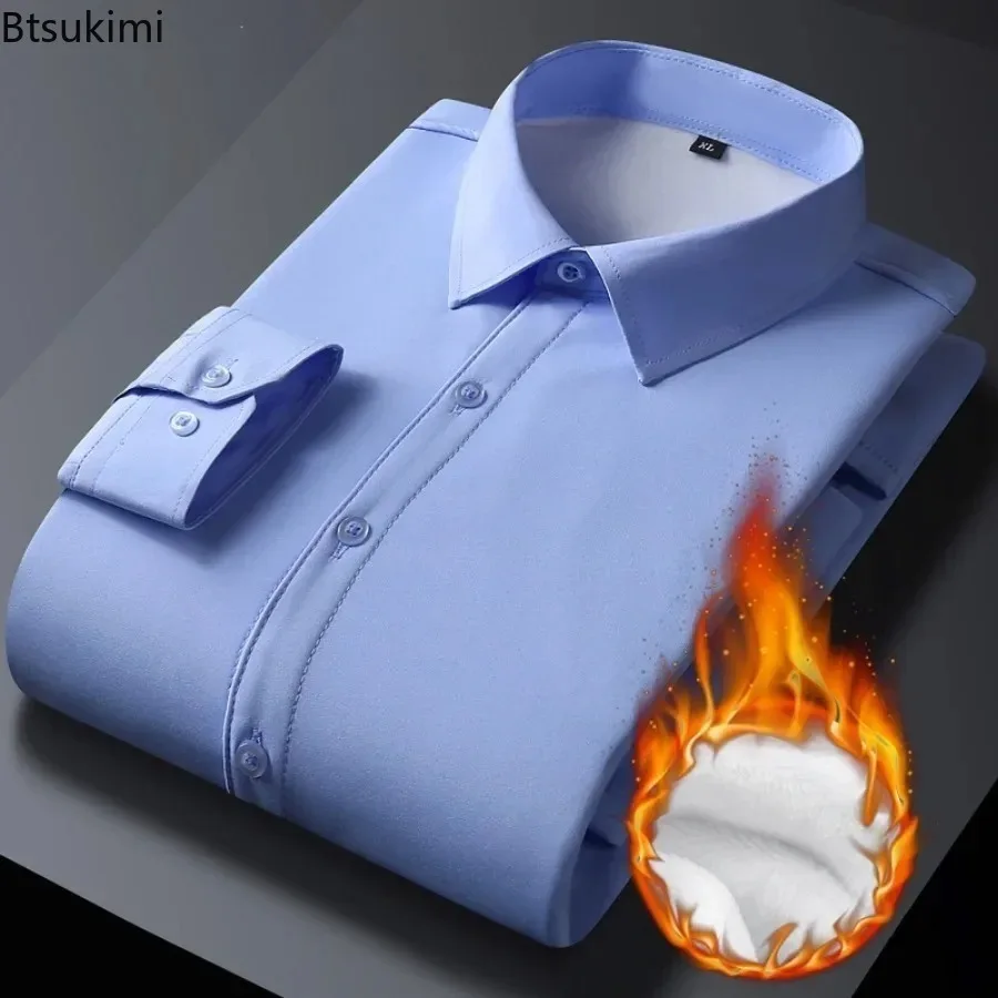 Men's Autumn Winter Long Sleeve Shirts Fleece Stretch Formal Business Office Wear M-5XL