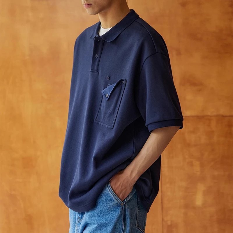 

Streetwear Mens Polo Shirts Oversize Fashion Solid Color Button Pocket T Shirt For Men 2024 Summer Casual Loose Polo Collar Tops