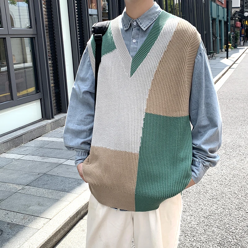 Autumn New Sleeveless Knit Vest Geometric Pattern Pullovers Men's Cashmere Sweater Yellow Oversize Knitted Preppy Style Tops