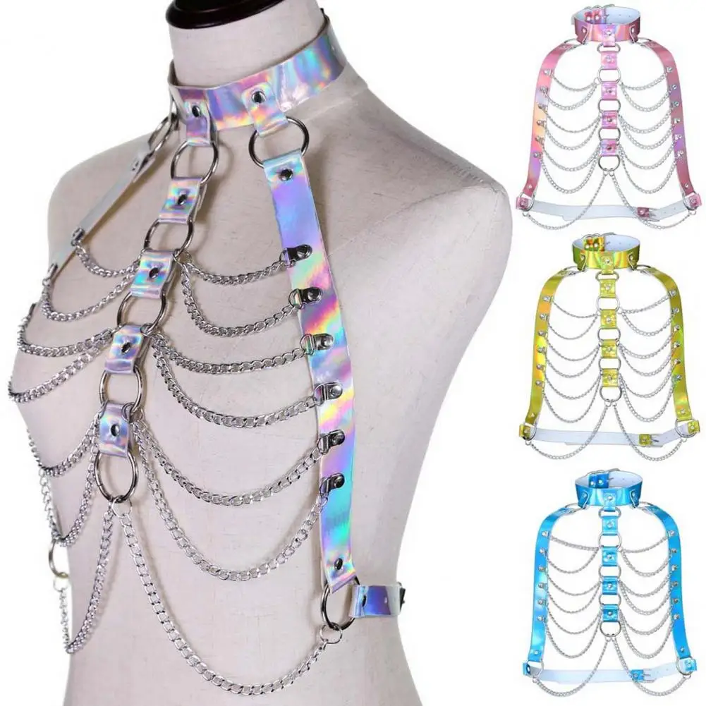 Trendy Body Chain Sparkling Faux Leather Body Chain Harness Top for Women Punk Festival Outfit with Waist Chest Chains