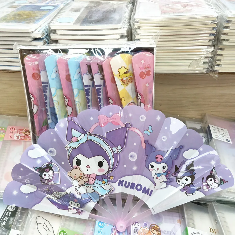 

50pcs Sanrio Kuromi My Melody Cinnamoroll Seven Fold Fan Anime Cartoon Pom Pom Purin Portable Summer Folding Fan Gifts Wholesale