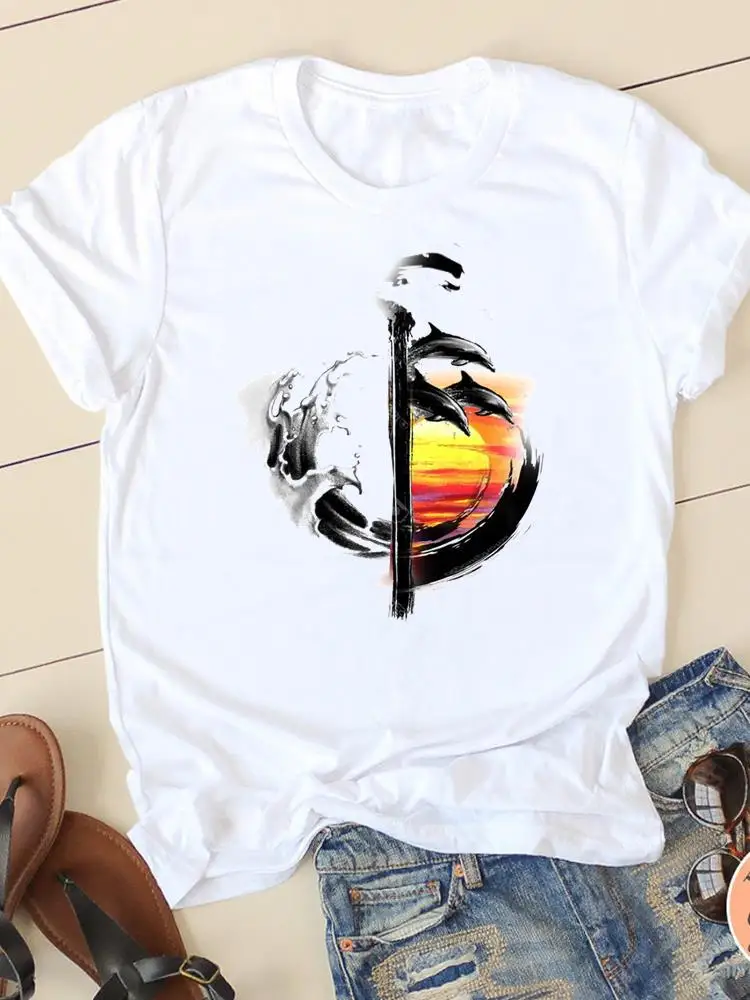 

Watercolor Wave Beach Short Sleeve Print T-shirts Ladies Casual Clothing Women T Clothes Fashion Female Graphic Tee