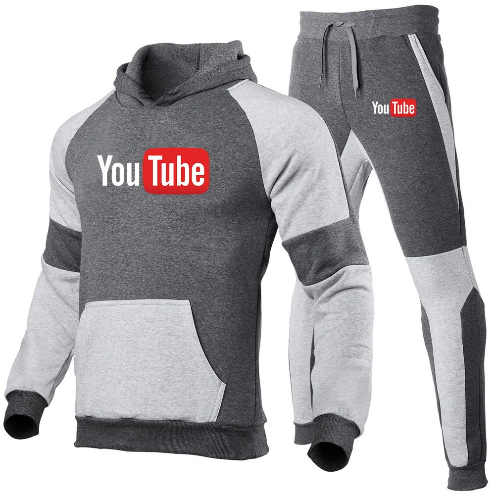YouTube 2022 Men's New Sweatpants Set Tracksuit Hooded Sweatshirt+Pants Pullover Hoodies Sportwear Casual Clothes 2 Pieces Sets