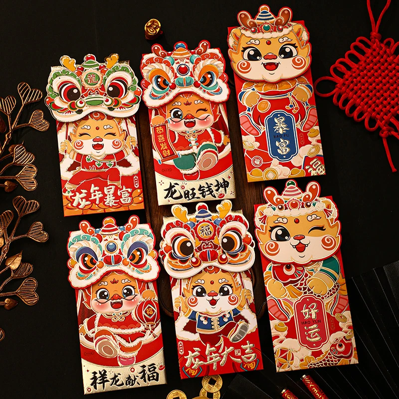 

4PCS Chinese New Year Red Envelope 2024 Symbol Of Dragon Year Lucky Pocket Cartoon Zodiac Dragon Red Packet New Year Gift