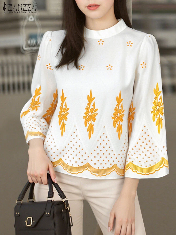Women Summer Elegant Print Blouse Puff Sleeve Casual Tops