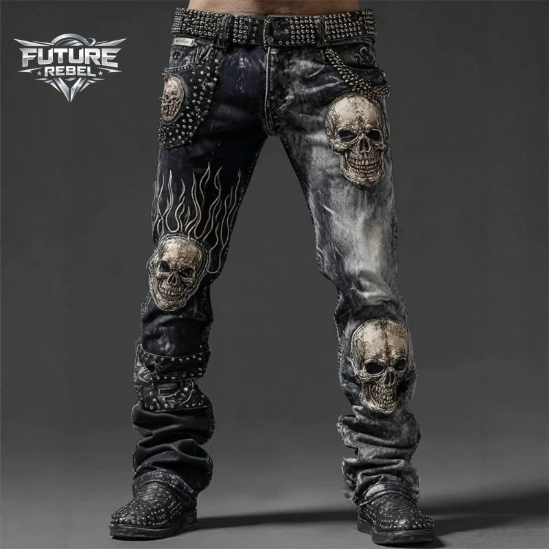 Y2K Gothic Streetwear Denim Jeans Unisex Skull Flame 3D Print Fit Washed Biker Pants Punk Hip Hop Club Outfit Vintage Harajuku 3