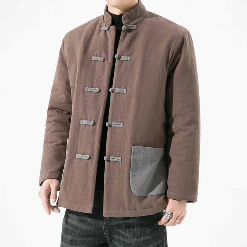 Men's Cotton Linen Chines Buckle Tang Suit Hanfu Padded Jacket Winter Thicken Warm Wadded Jacket With Patch Pocket Male Ourwear