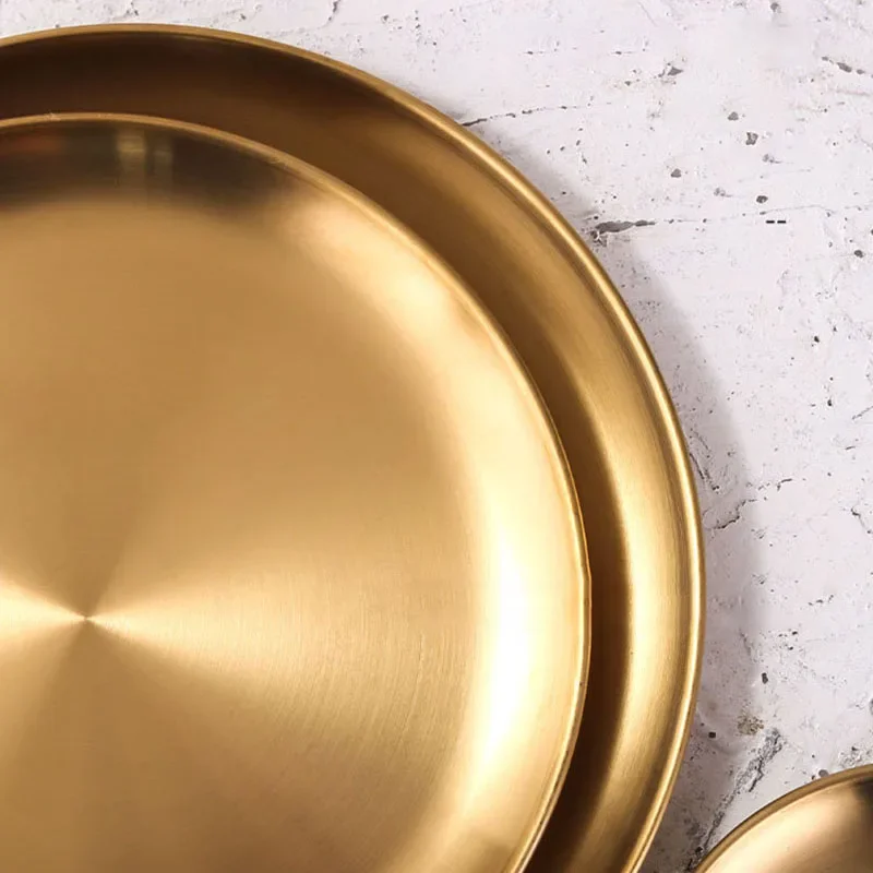 Golden Stainless Steel Storage Tray Luxurious Brass Gold Round Plate Metal Fruit Plate Dessert Snack Jewelry Display Tray storage tray jewelry storage tray