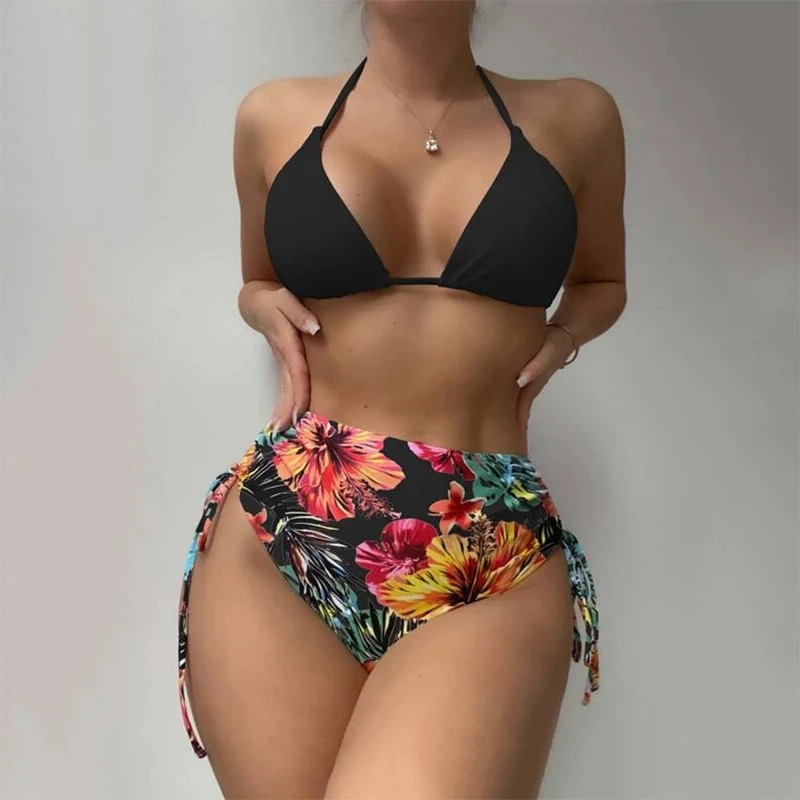 

Summer Split Mesh Blouse Printed Sexy Bikini Swimsuit Women's Three-piece Suit Blouse Sun Protection Swimwear