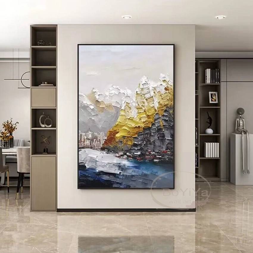 

Nordic Modern Abstract Snow Mountain Town Pure Handmade Oil Painting Home Decoration For Bedroom Dining Room Living Room Sofa