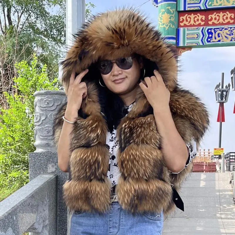real raccoon fox fur Women tie up hollow out side sexy hooded vest