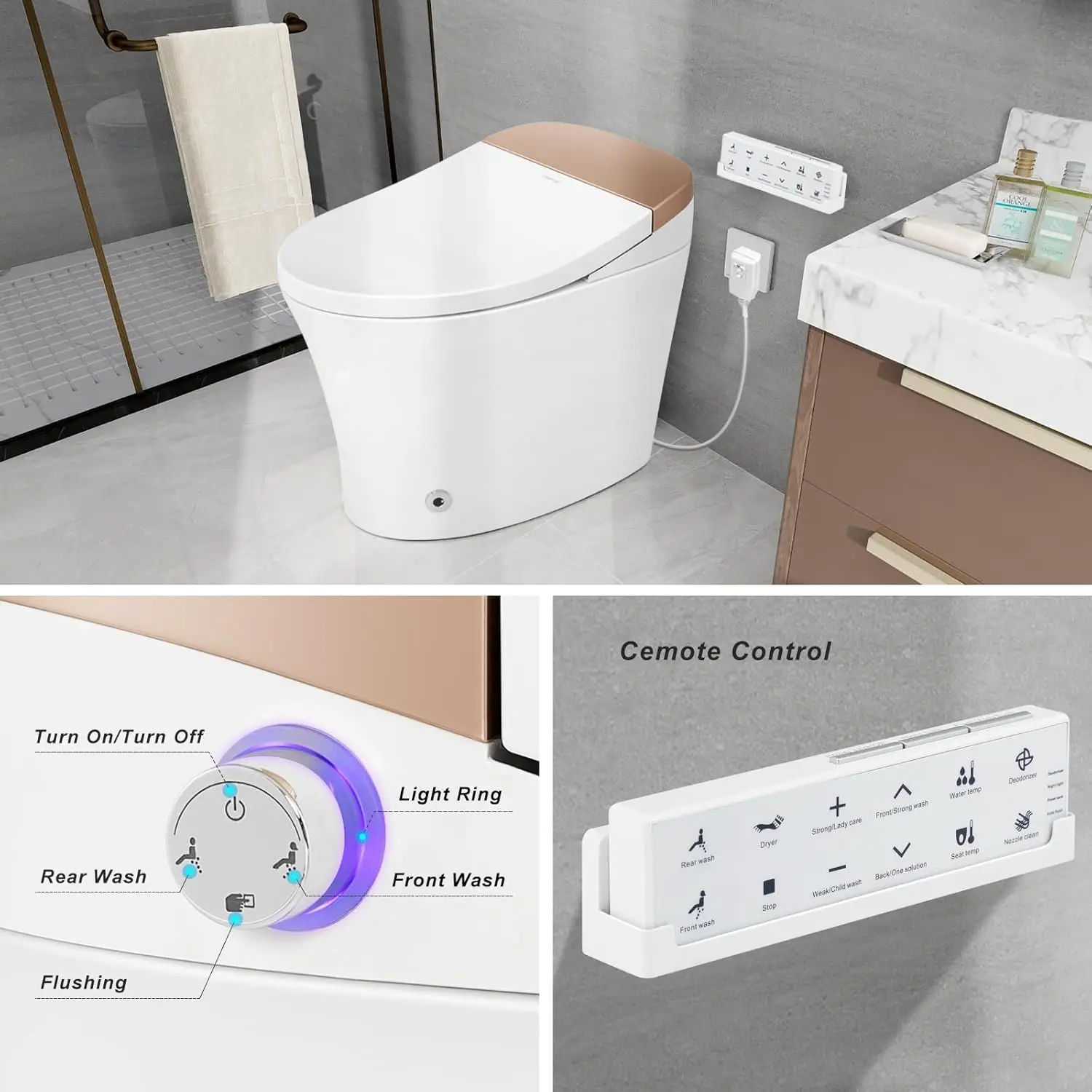 Smart Toilet Bidet Toilet Foot Sensor Flush Heated Seat Multi Function Remote Control Soft Closing Seat Smart Bidet Automatic 2