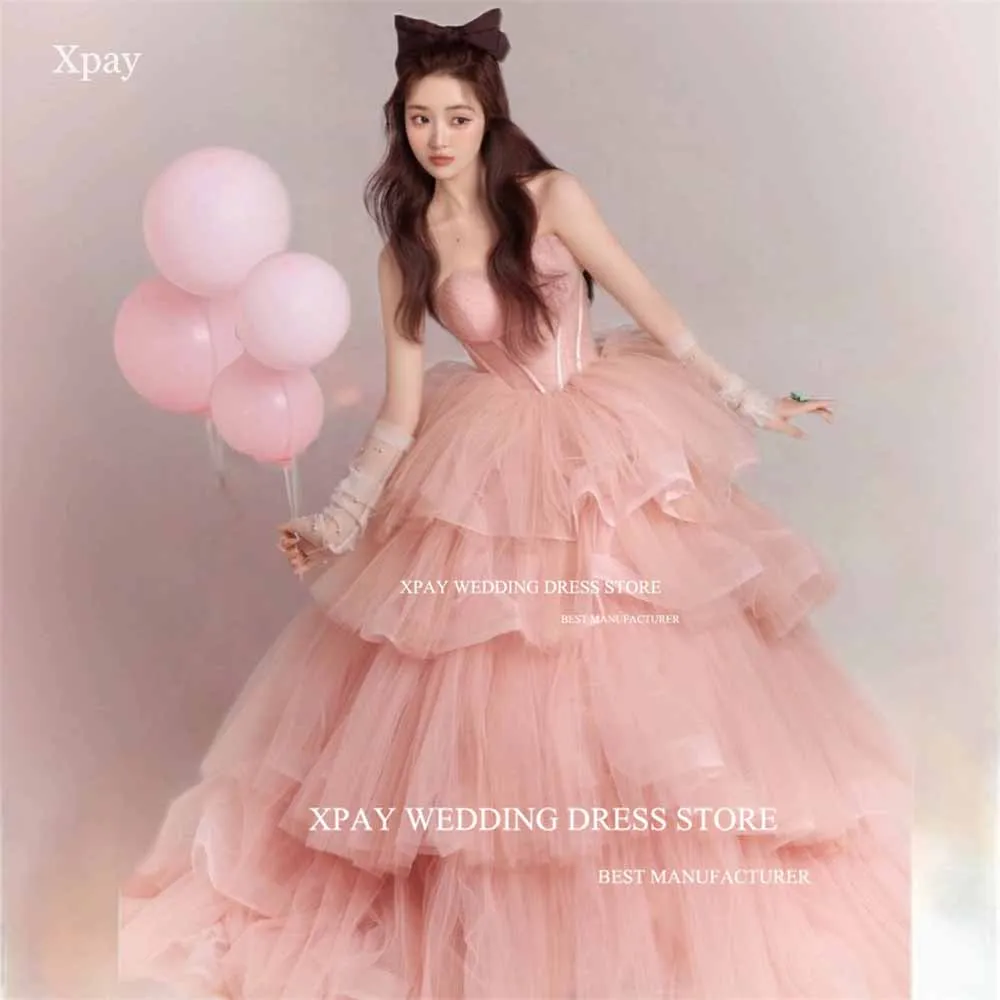

XPAY Blush Pink Sweetheart Korea Evening Dresses A Line Sleeveless Ruched Tiered Formal Party Prom Gown For Wedding Photos Shoot