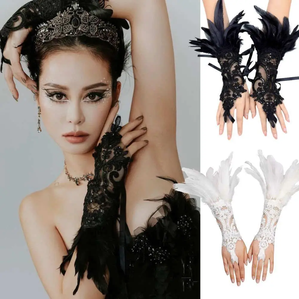 1PC Sexy Lace Feather Long Gloves Party Cosplay Lace Wrist Cuffs Wedding Party Show Costume Halloween Gothic Sleeves Accessories