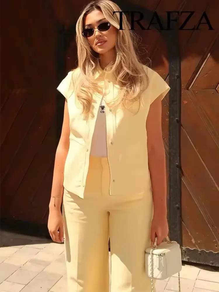 Street Fashion Vest Pants Sets Women Two Piece Lapel Short Sleeve Waistcoat Wide Leg Trousers 2025 Summer Casual Outfits