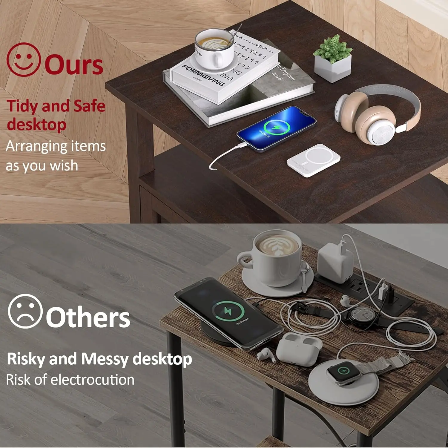 24''Tall End Table with Charging Station, Adjustable Shelf, Storage Side Table,21" Large Nightstand for Living Room