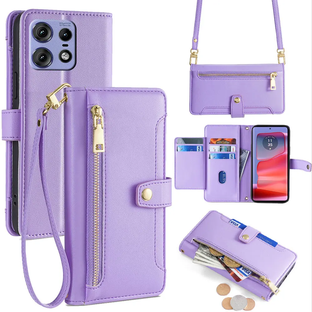 Luxury Leather Crossbody Zipper Flip Case with Multi-Card Storage and Lanyard Wallet Design