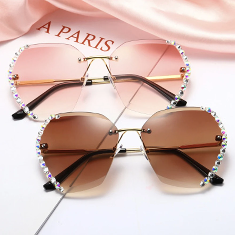 

2024 Vintage Oversized Rimless Rhinestone Sunglasses Women Luxury Brand Design Gradient Lens Sun Glasses Men Shades for Female
