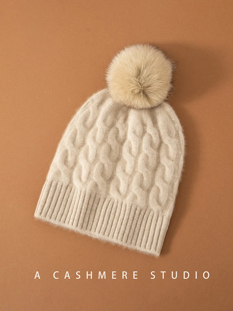 

Alta qualidade novo chapéu de malha para as mulheres inverno chapéu de cashmere luxo skullies pele real pom hat para menina