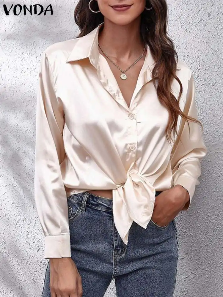 

Women VONDA 2024 Elegant Summer Satin Shirts Solid Color Blouse Long Sleeve Tops Lapel Casual Fashion Blusas Office Femininas