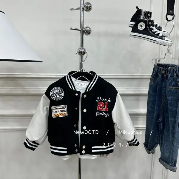 

2024 Spring Young Baby Boy Baseball Uniform Korean Letter Printed Toddler Boy Jackets Loose Spliced Children Boy Outerwear Coats