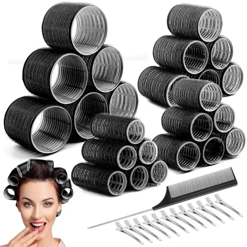 13pcs Black Self Grip Hair Rollers No Heat Hair Curlers Heatless Curls Bangs Volume Self-adhesive Hook DIY Styling Tools