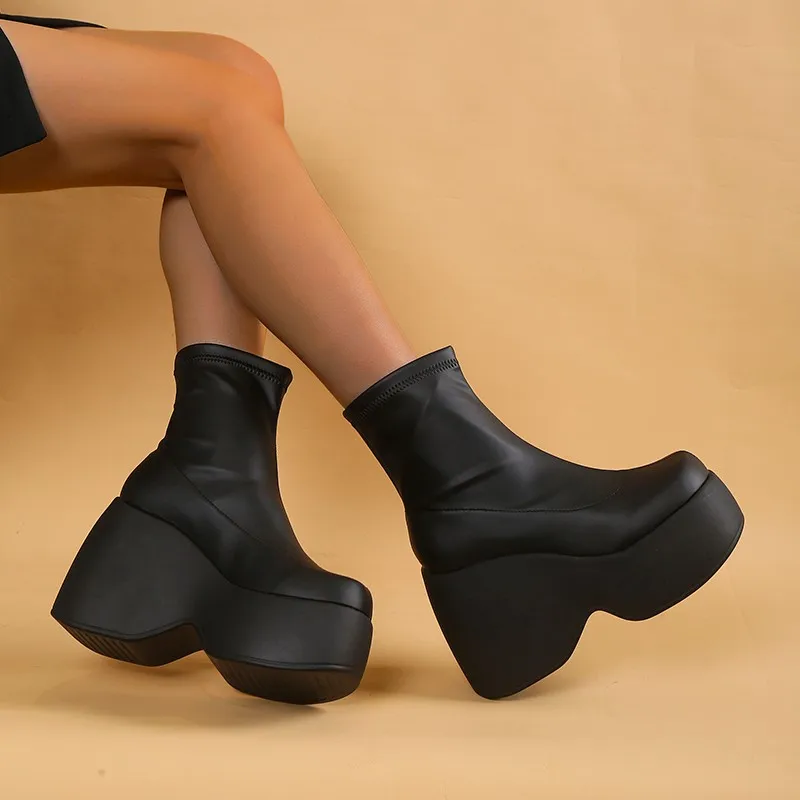 Design Women's Mid Calf Boots Platform Wedges High Heels Gothic Punk Shoes Autumn Ladies Fashion Plus Size Long Boots women knee boots