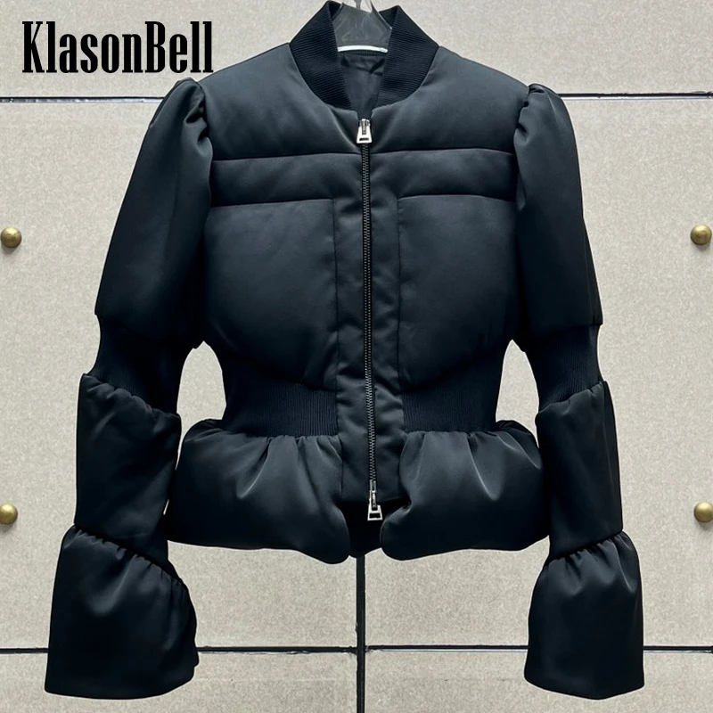 

11.9 KlasonBell-Women's Temperament Fashion Stand Collar Spliced Ribbed Collect Waist Double Zipper Short Duck Down Jacket