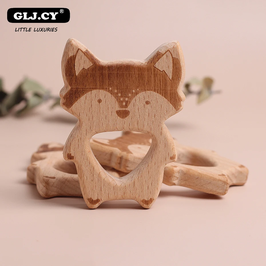 

10pc Wooden Beech Teether Cute Fox Animal cartoon Beads Teethers BPA Free Food Grade Wood Baby Teething Toys DIY Gift