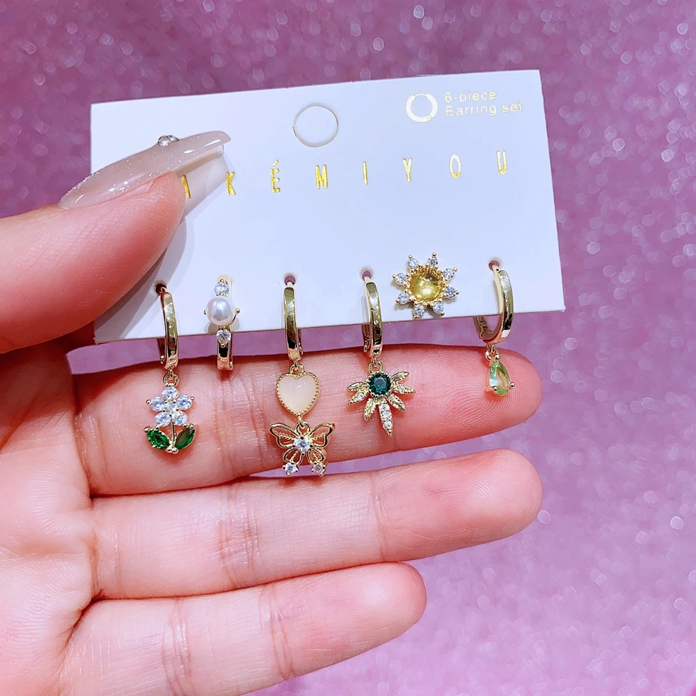 MIGGA 6pcs/set Lovely Fairy Princess Dangle Earrings Gold Color Zircon Stone Women Girls Party Jewelry 2