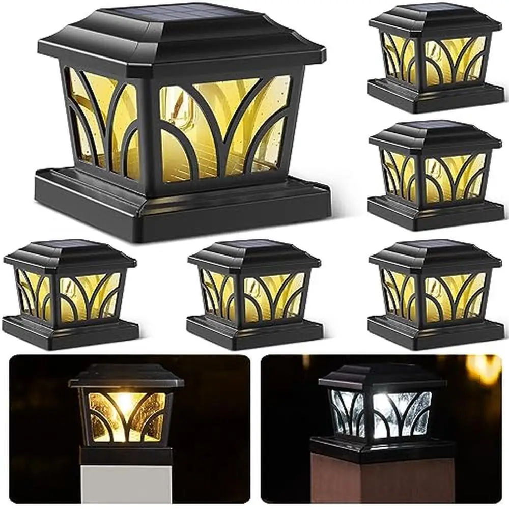 Outdoor Aluminum Glass Solar Post Cap Lights 2 Modes Edison LED Bulbs 4x4 5x5 6x6 Vinyl Wooden Posts Deck Fence Patio Decor Warm