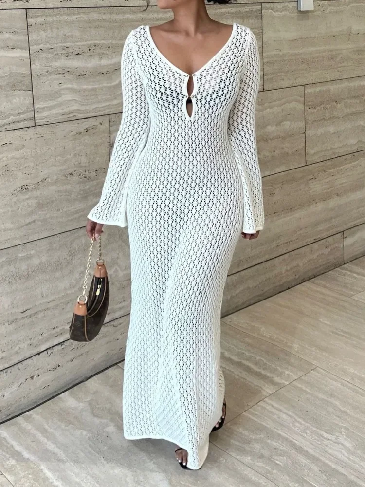 BWQ White Knit Fashion Cover up Maxi Dress Female See-Through V-Neck Hollow Out Beach Holiday Dress Knitwear Backless Dress