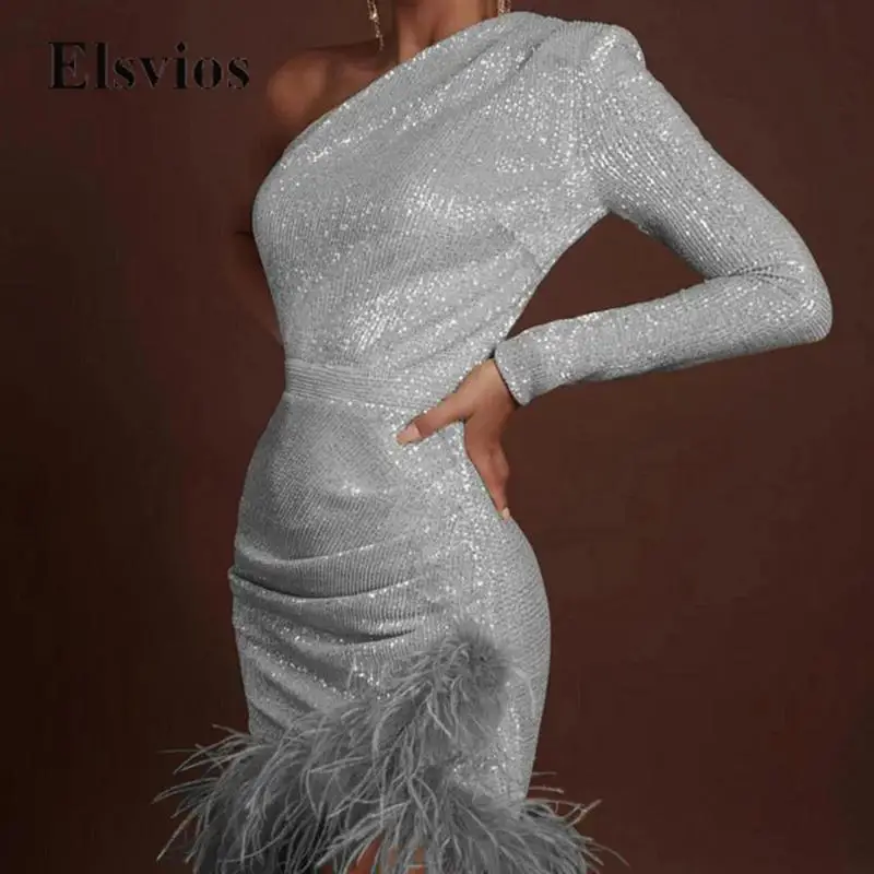 

Elegant One Sleeve Sequins Shiny Party Dress Women Sexy Skew Collar Patchwork Feather Mini Dress Fashion Lady Slim Bodycon Dress
