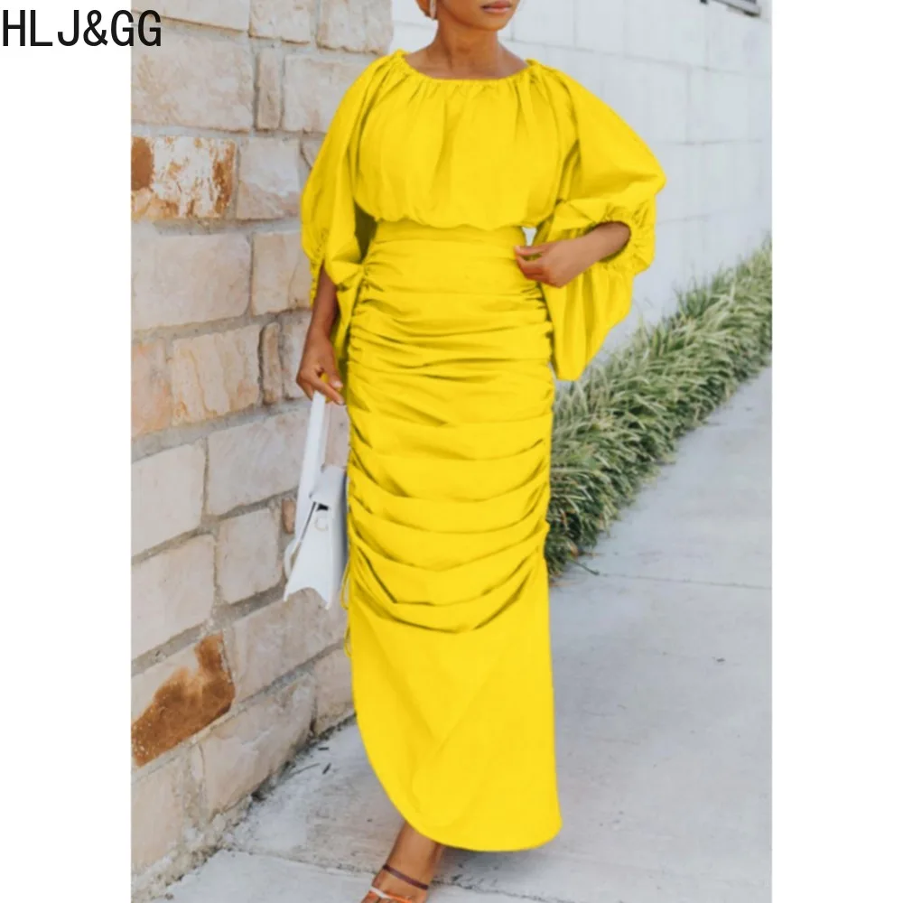 

HLJ&GG Fashion Ruched Design Irregular Mid Dress Women Round Neck Lantern Sleeve Solid Color Slim Vestidos Elegant Lady Clothing