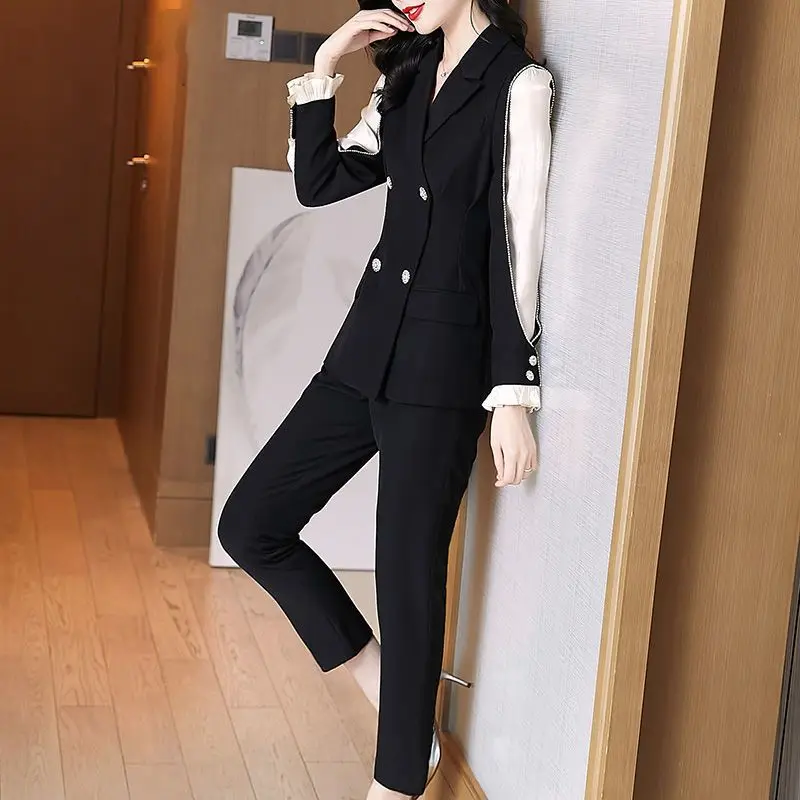 Black Patchwork Blazers Pants Two Piece Set Spring Autumn Women Workwear Office Lady Graceful Slim Suit Coat Trousers Outfits