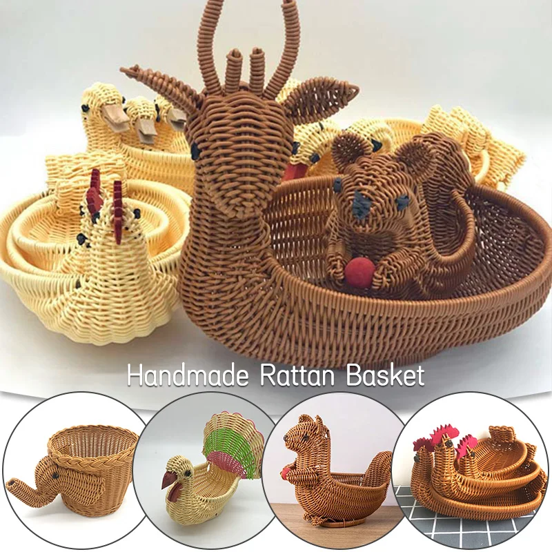 

2 Pcs Creative Animal Rattan Woven Bamboo Basket Desktop Ornaments Fruit Snacks Sundries Organizer Home Kitchen Storage Tray