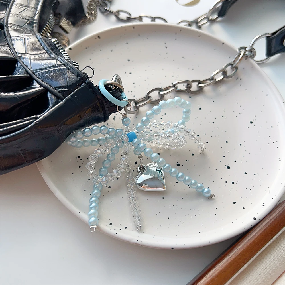 Y2K Crystal Double Butterfly Pearls Pendant Charm Heart Keychain Elegant Keyring Sweet Phone Hangings Bowknot String of Beads