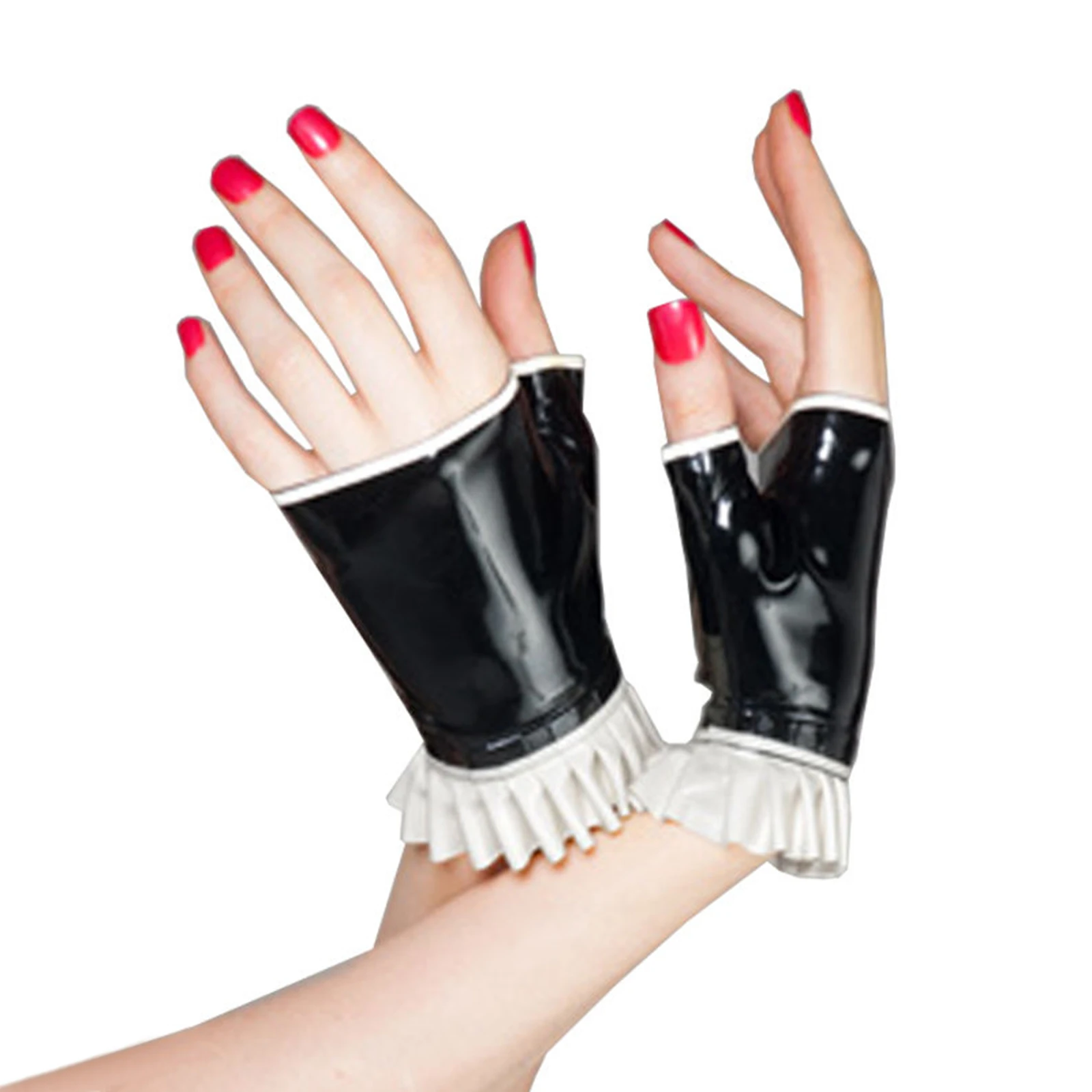 

MONNIK Black Latex Short Gloves Sexy Unisex Rubber Gloves White Pleats on The Wrist Cosplay for Fetish Catsuit Party Club Wear