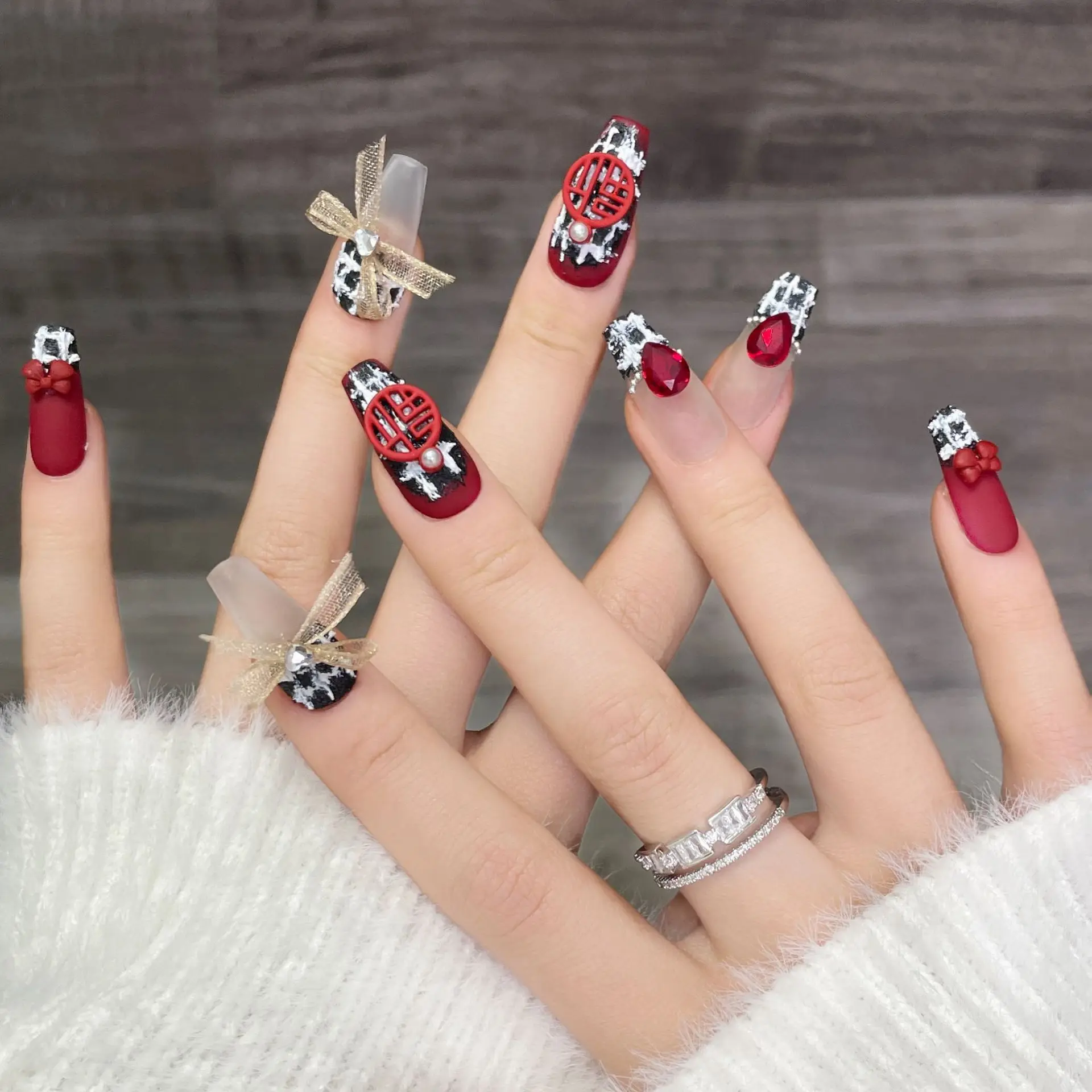 Long Red Handmade Fake Nails Chinese New Year Wealth Designs Full