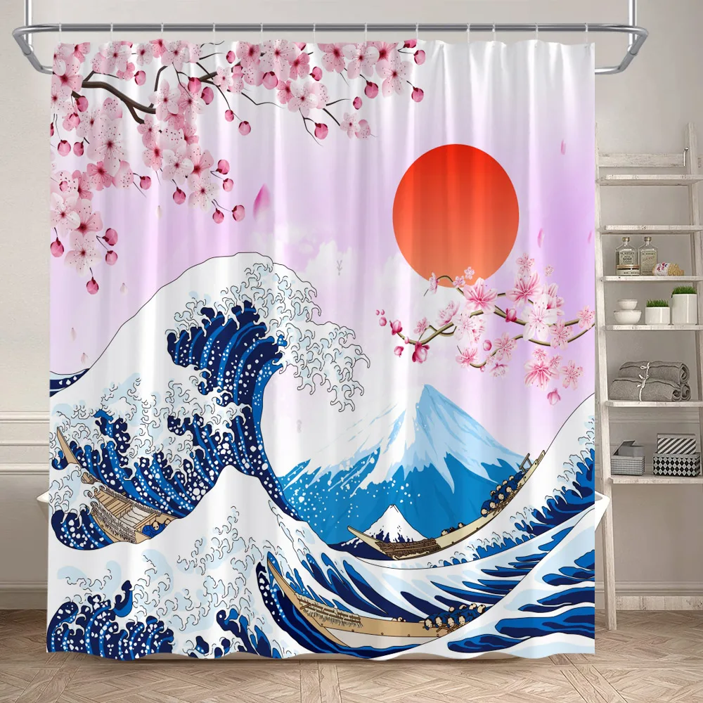 Pink Cherry Blossom Shower Curtain Butterfly Sea Wave Koi Fish Floral Japanese Style Landscape Bathroom Curtains Set Home Decor