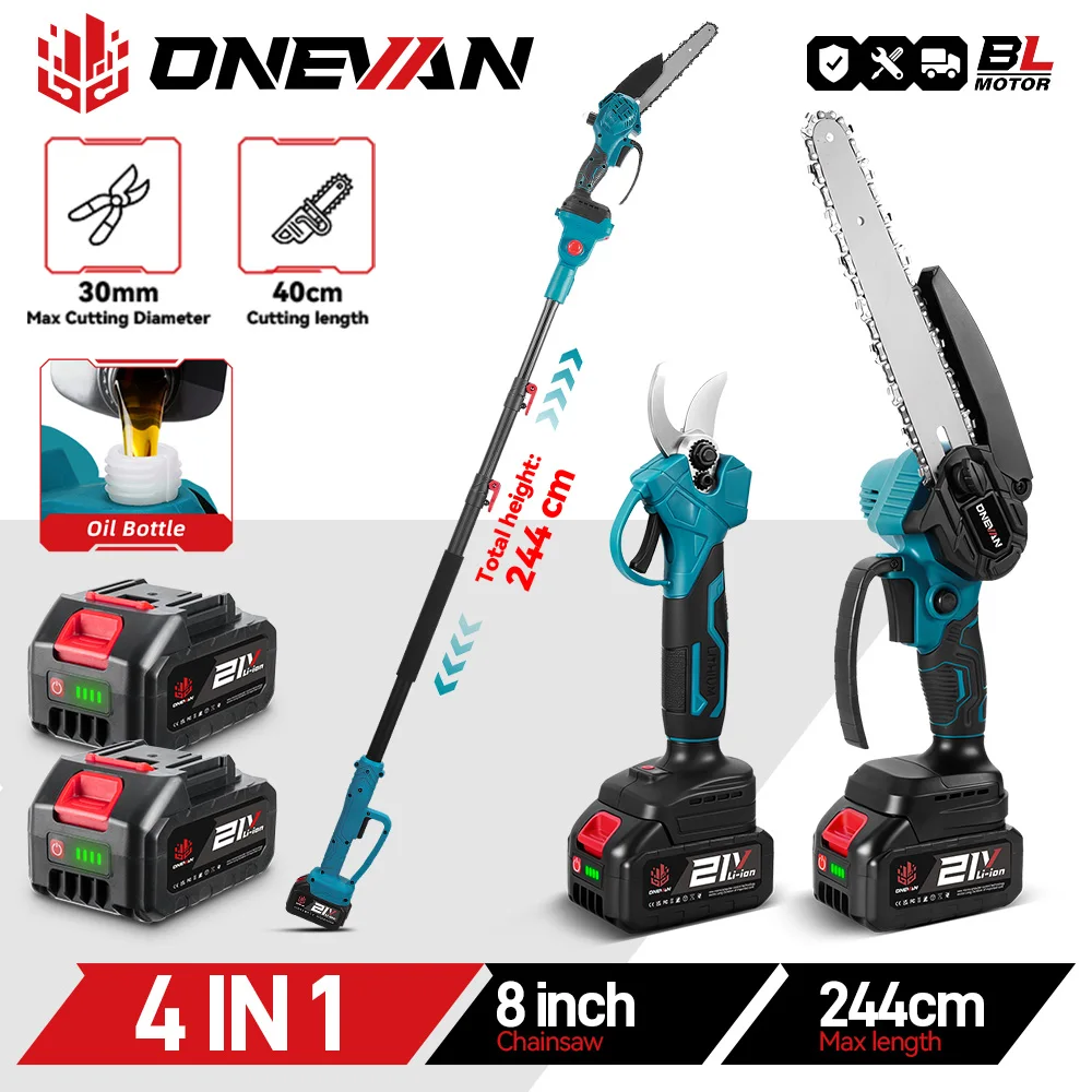 ONEVAN 3500W Brushless Telescoping Pole Electric Chainsaw 4-IN-1 High Branch Scissors Garden Pruning Tool For 21V 18V Battery